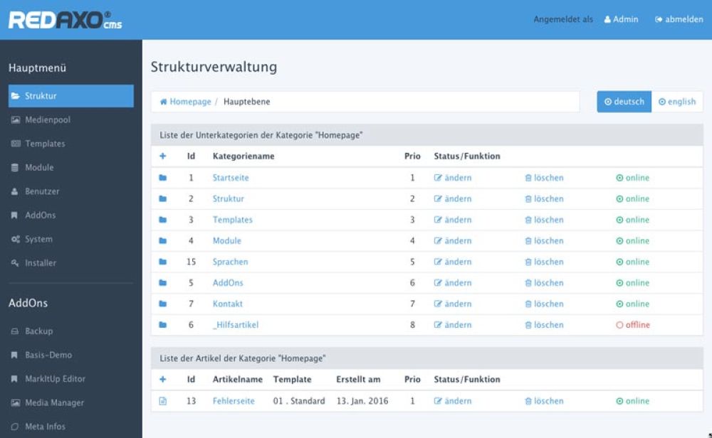 Bildschirm mit der Redaxo CMS Oberfläche, Darstellung von responsive Webdesign und Content-Management. Bildschirm mit der Redaxo CMS Oberfläche, Darstellung von responsive Webdesign und Content-Management.