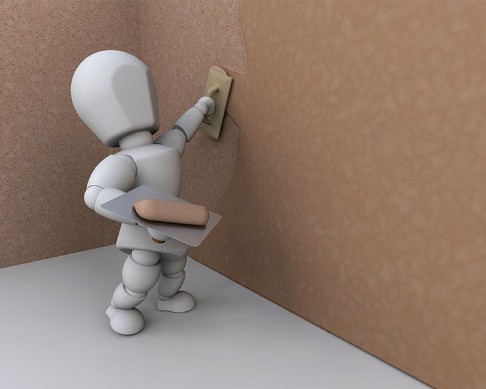 3D-Illustration eines Roboters, der eine Wand bearbeitet, symbolisiert fortschrittliche Technologien im Handwerk. 3D-Illustration eines Roboters, der eine Wand bearbeitet, symbolisiert fortschrittliche Technologien im Handwerk.