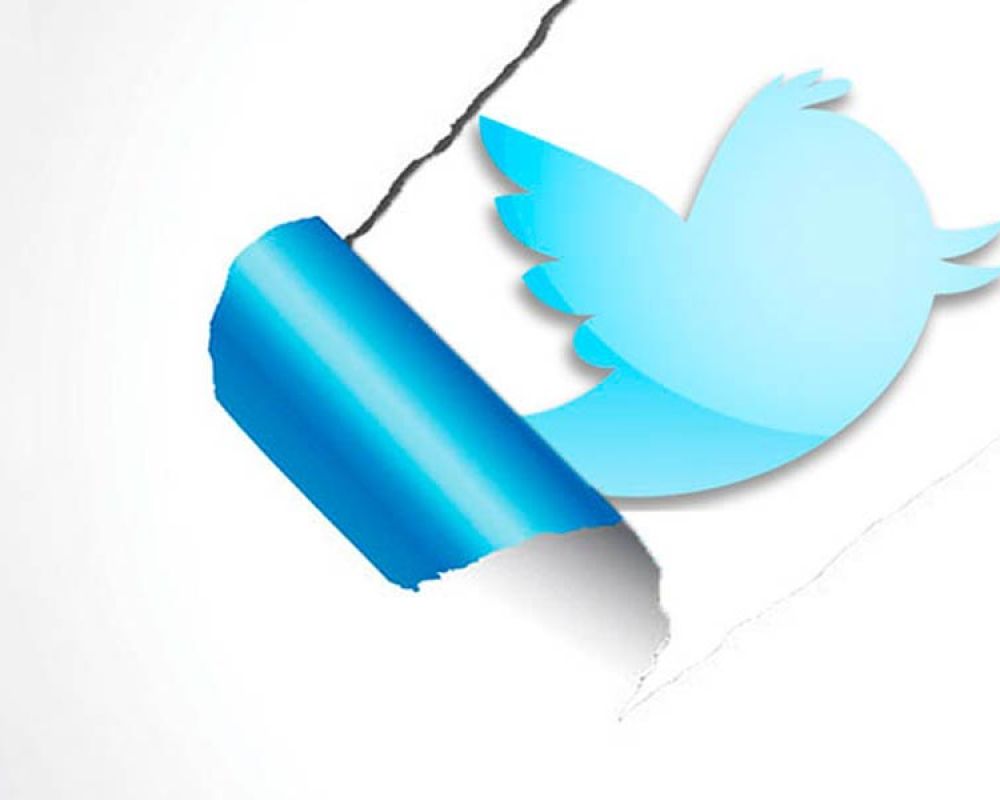 Bild mit dem Twitter-Logo, das hinter einer aufgerissenen blauen Schicht hervorschaut, symbolisiert Social Media Marketing und Twitter-Werbung.