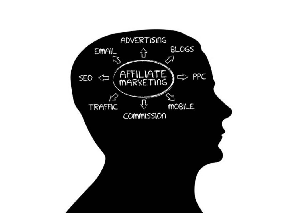 Silhouette eines Kopfes mit Diagramm, das verschiedene Aspekte des Affiliate-Marketings wie SEO, PPC und Traffic darstellt, repräsentiert die Vielfalt der Marketingstrategien.