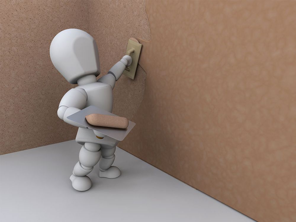 3D-Illustration eines Roboters, der eine Wand bearbeitet, symbolisiert fortschrittliche Technologien im Handwerk.