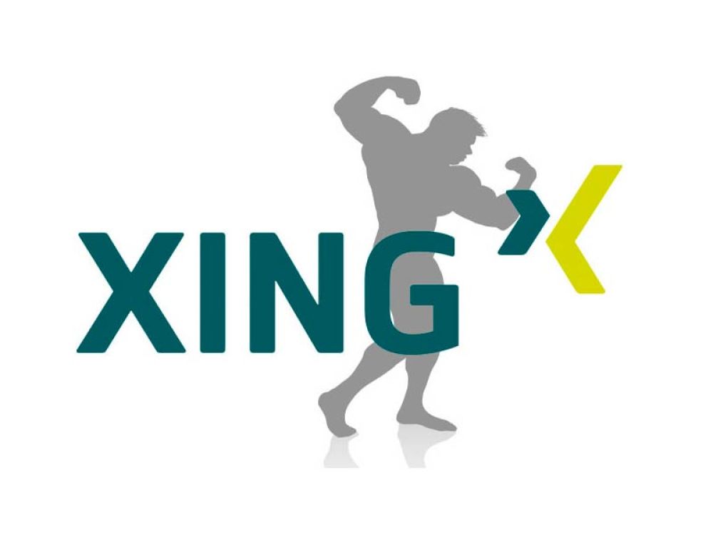 XING-Logo mit einem Schattenbild eines muskulösen Mannes, symbolisiert kraftvolle Business-Netzwerk-Strategien.
