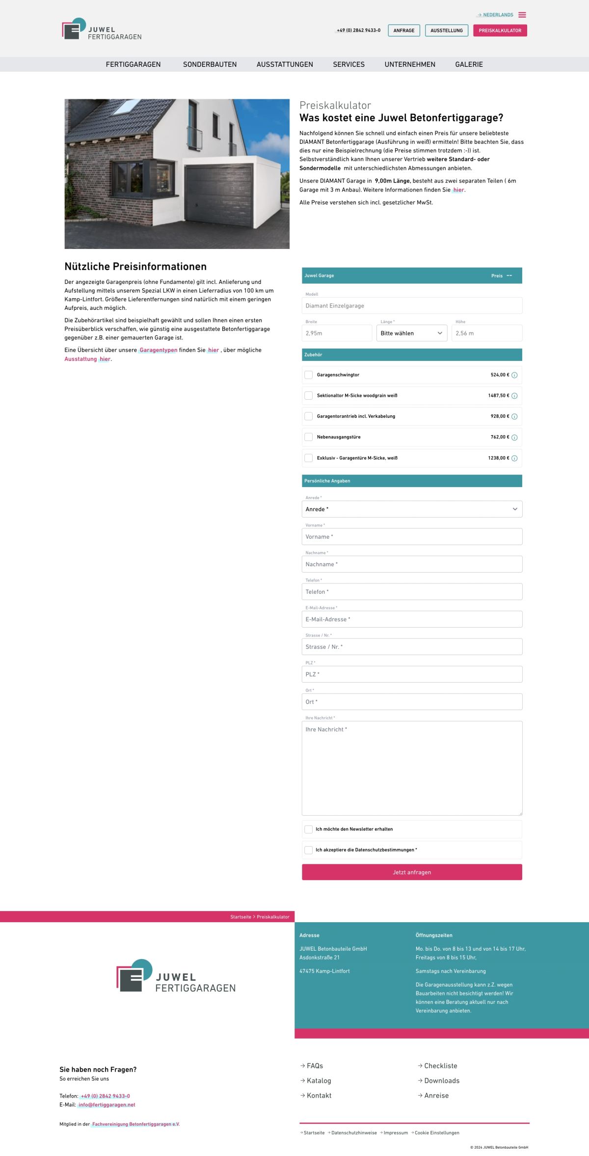 Preiskalkulator für Juwel Betonfertiggaragen auf der Webseite, ermöglicht individuelle Preisberechnung und Online-Angebote, hilfreich für digitale Marketingkampagnen.