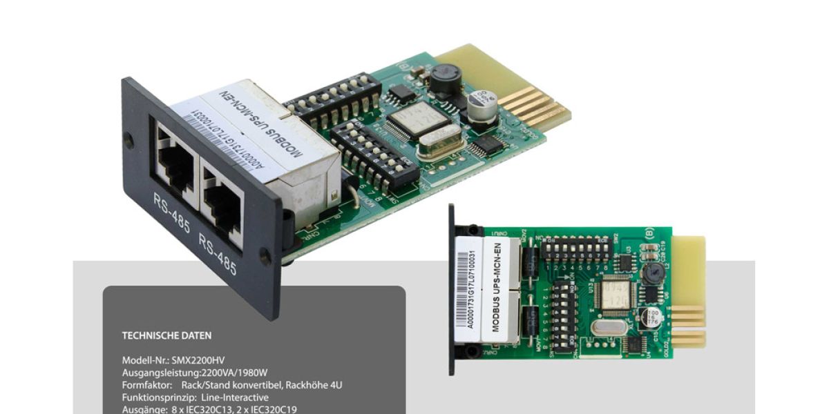 Hochauflösendes Bild einer Modbus-UPS-Karte von Alltronic, perfekt für Marketing- und Werbezwecke zur Darstellung technischer Spezifikationen.