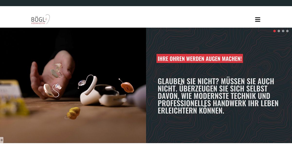 Webseiten-Relaunch von Bögl Hörakustik zeigt Hörgeräte und modernen Service zur Verbesserung des Hörvermögens. Webseiten-Relaunch von Bögl Hörakustik zeigt Hörgeräte und modernen Service zur Verbesserung des Hörvermögens.