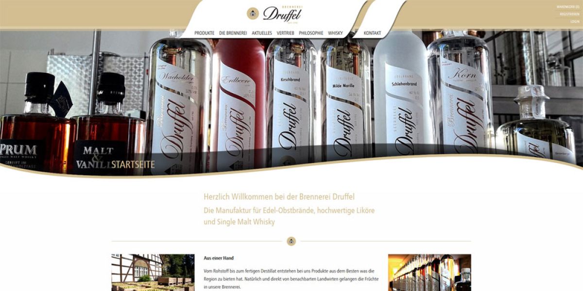 Webseiten-Relaunch für Brennerei Druffel, gestaltet von unserer Marketingagentur, zeigt traditionelle Brennerei-Ausstattung