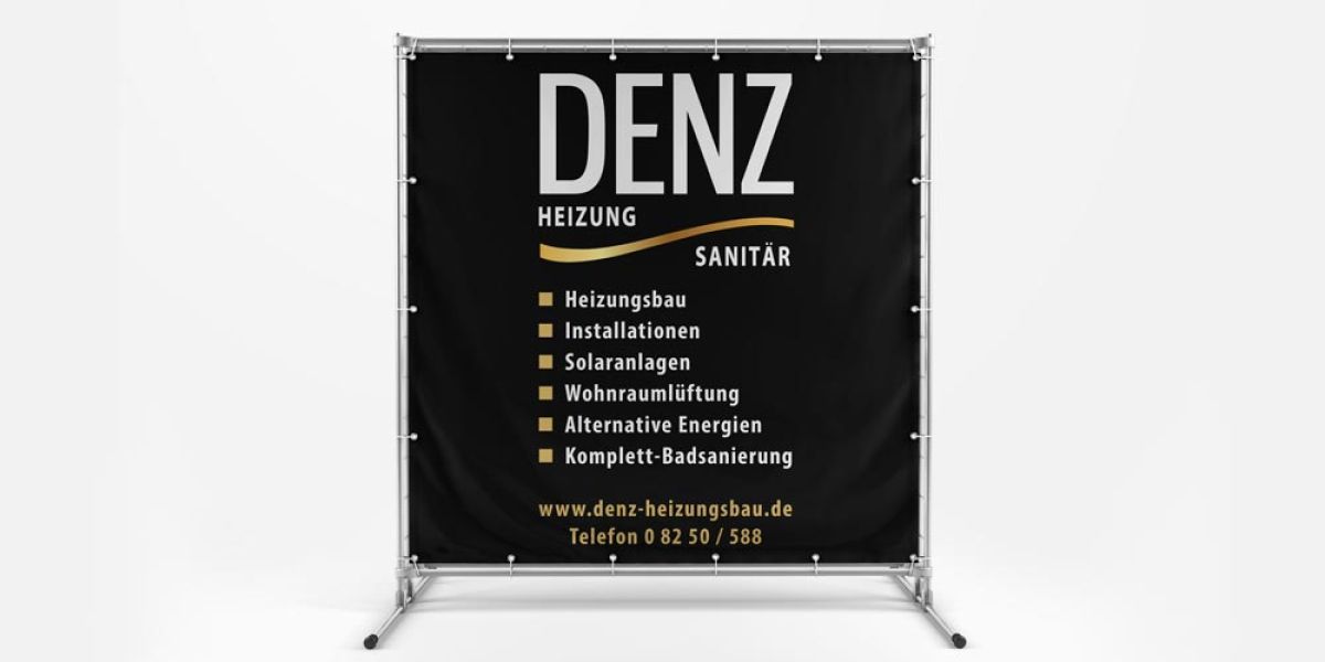 Werbeplane von DENZ Heizungsbau und Sanitärtechnik mit Angeboten für Heizungsbau, Installationen und Solaranlagen.