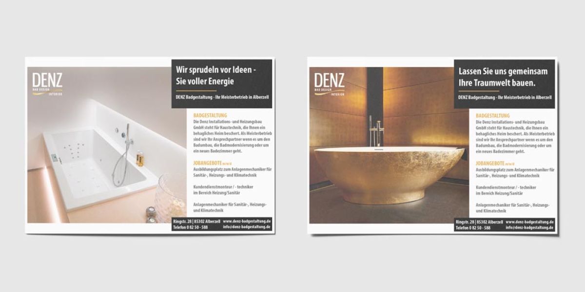 Werbeanzeigen von DENZ Badgestaltung auf einer Webseite, präsentieren moderne Badezimmerdesigns und Sanitärtechnik.