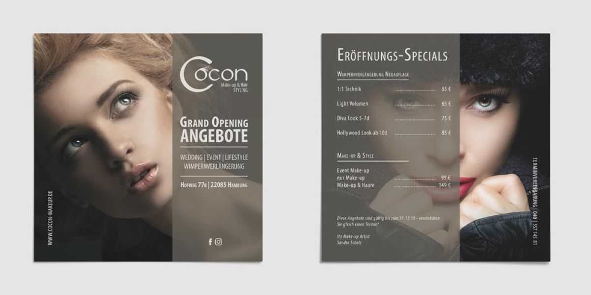 Cocon Make-up Grand Opening Angebote mit Wimpernverlängerung und Make-up-Styling in Hamburg, ideal für Event-Marketing. Cocon Make-up Grand Opening Angebote mit Wimpernverlängerung und Make-up-Styling in Hamburg, ideal für Event-Marketing.