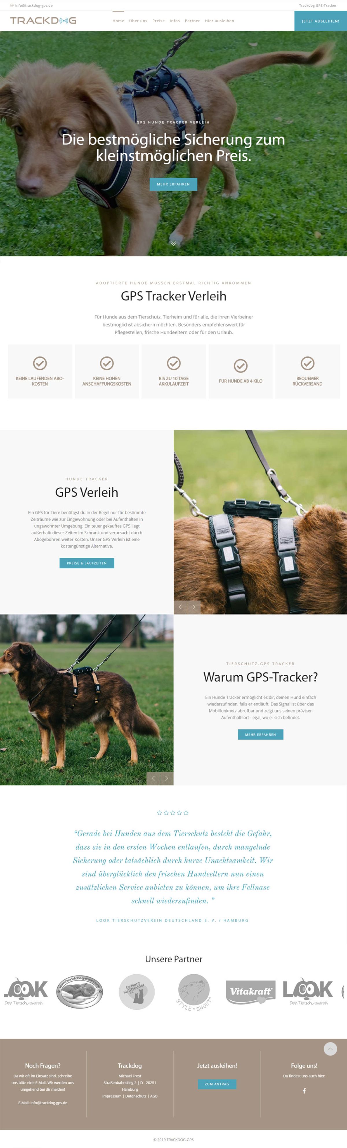 Professioneller Internetauftritt für Trackdog, von unserer Werbeagentur in Dachau gestaltet, mit Fokus auf urbane Hundeprodukte