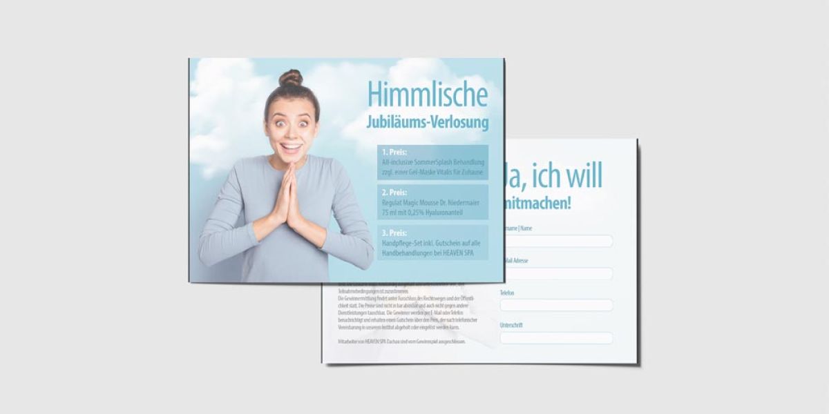 Jubiläums-Verlosungskarte von Heaven SPA Dachau mit attraktiven Preisen, designed um Kundenengagement und Marketingeffektivität zu erhöhen.