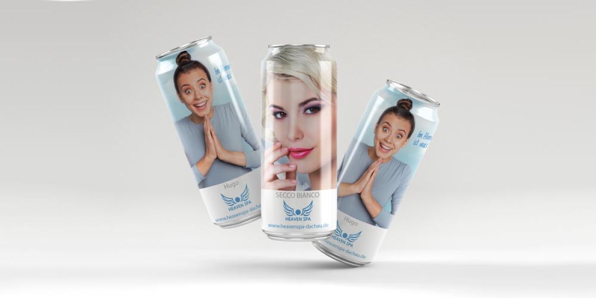 Heaven SPA Dachau Getränkedosen mit Werbedruck, ein innovatives Marketingprodukt zur Steigerung der Markenbekanntheit.