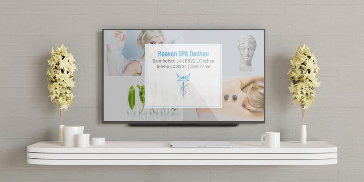 Werbemonitor von Heaven SPA Dachau mit Kontaktdetails und Angeboten, ideal für modernes Marketing und Kundengewinnung.