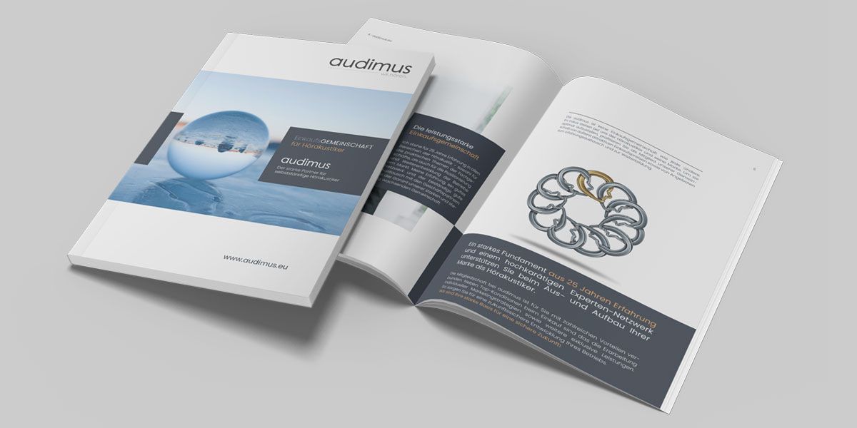 Imagebroschüre für die Einkaufsgemeinschaft audimus GmbH & Co. KG, designed von unserer Werbeagentur, um Interesse bei Hörakustikern zu wecken.