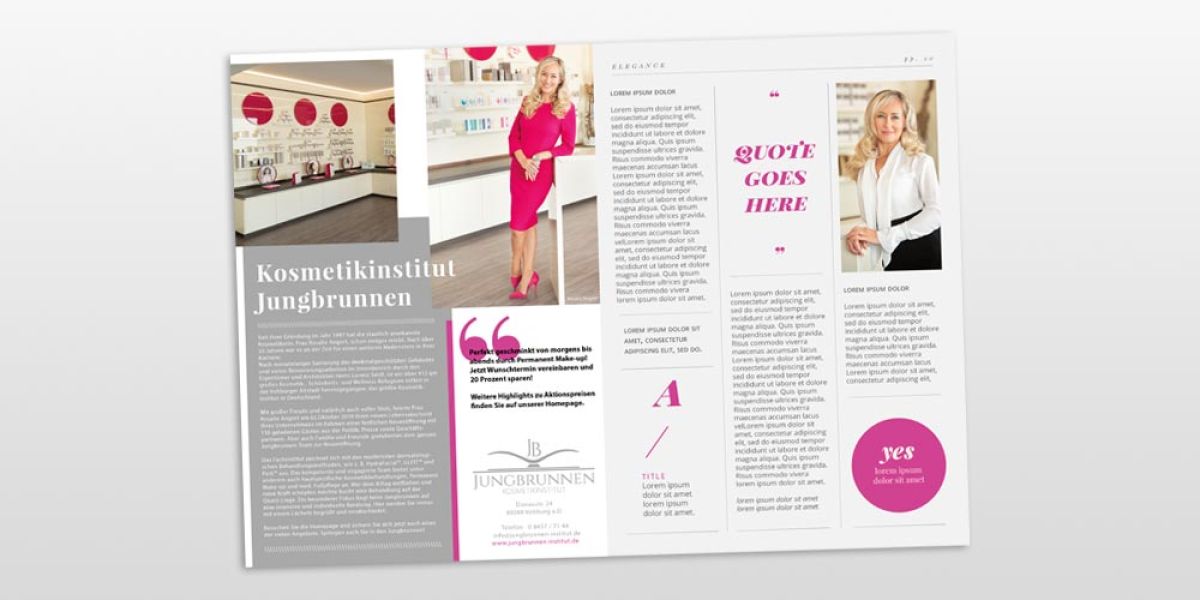 Broschüre des Kosmetikinstituts Jungbrunnen, erstellt von einer Marketingagentur. Sie präsentiert Dienstleistungen und Preise des Instituts in einem eleganten Design.