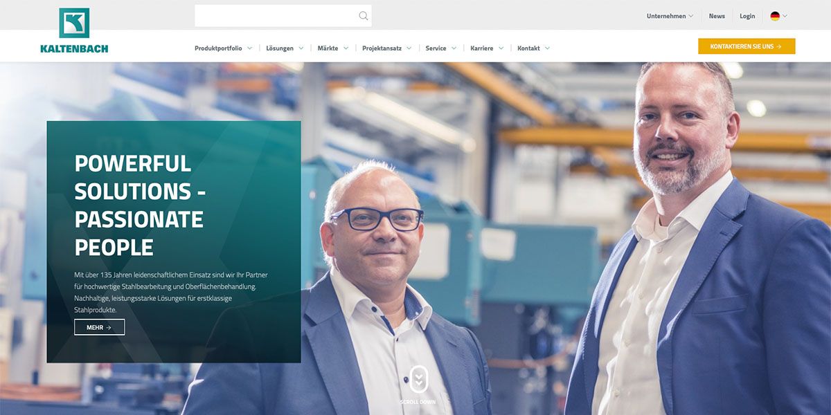 Zwei Geschäftsleute in einem industriellen Umfeld. Kaltenbach GmbH & Co. KG bietet hochwertige Lösungen für die Stahlbearbeitung. Unsere Werbeagentur bietet Webseiten-Relaunch und -Neugestaltung. Zwei Geschäftsleute in einem industriellen Umfeld. Kaltenbach GmbH & Co. KG bietet hochwertige Lösungen für die Stahlbearbeitung. Unsere Werbeagentur bietet Webseiten-Relaunch und -Neugestaltung.