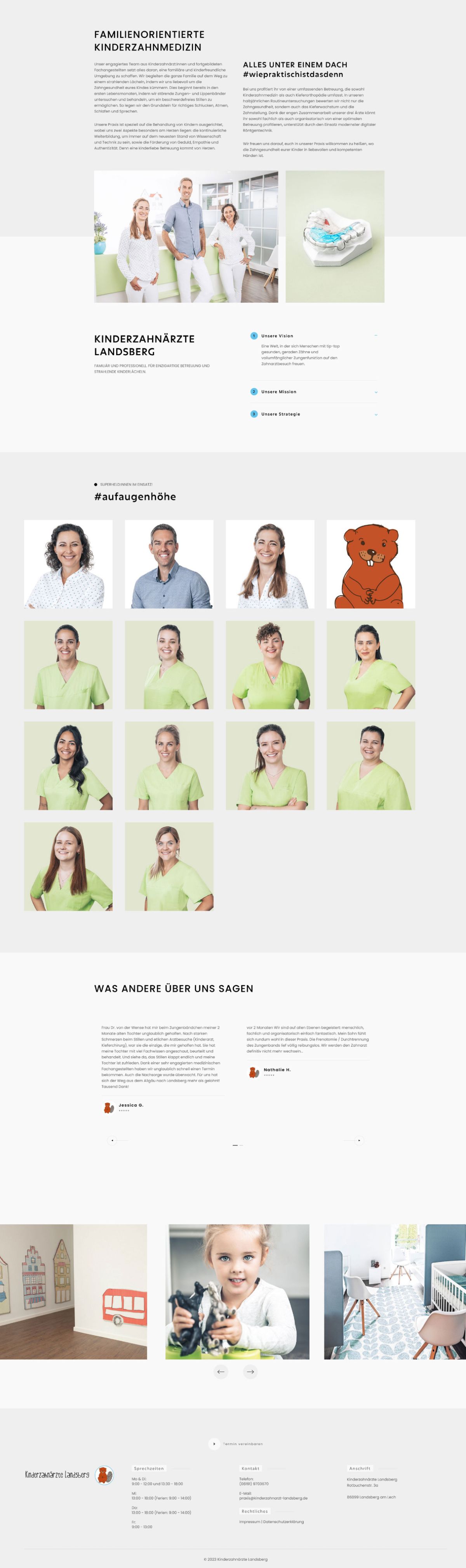 Teamfotos und Kundenbewertungen auf der neu gestalteten Webseite der Kinderzahnärzte Landsberg, entwickelt von unserer Agentur für den Webseiten-Relaunch und die Neugestaltung von Webseiten.