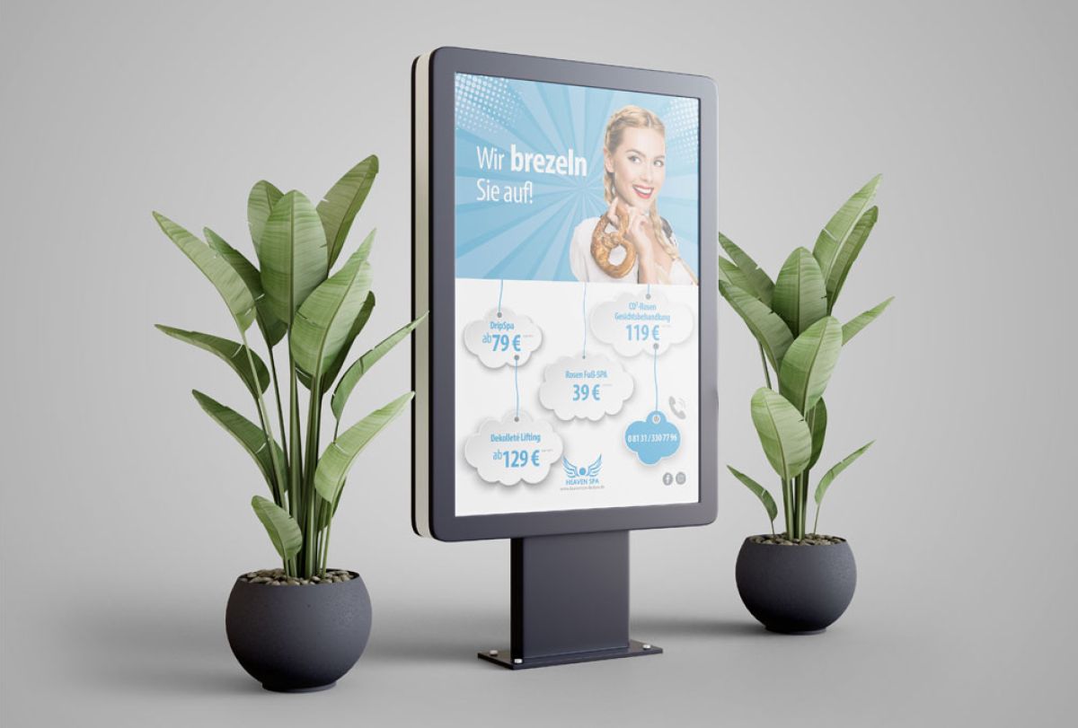 Digitales Werbedisplay von Heaven SPA Dachau mit Spa- und Schönheitsangeboten, um neue Kunden durch ansprechendes Marketing zu gewinnen.