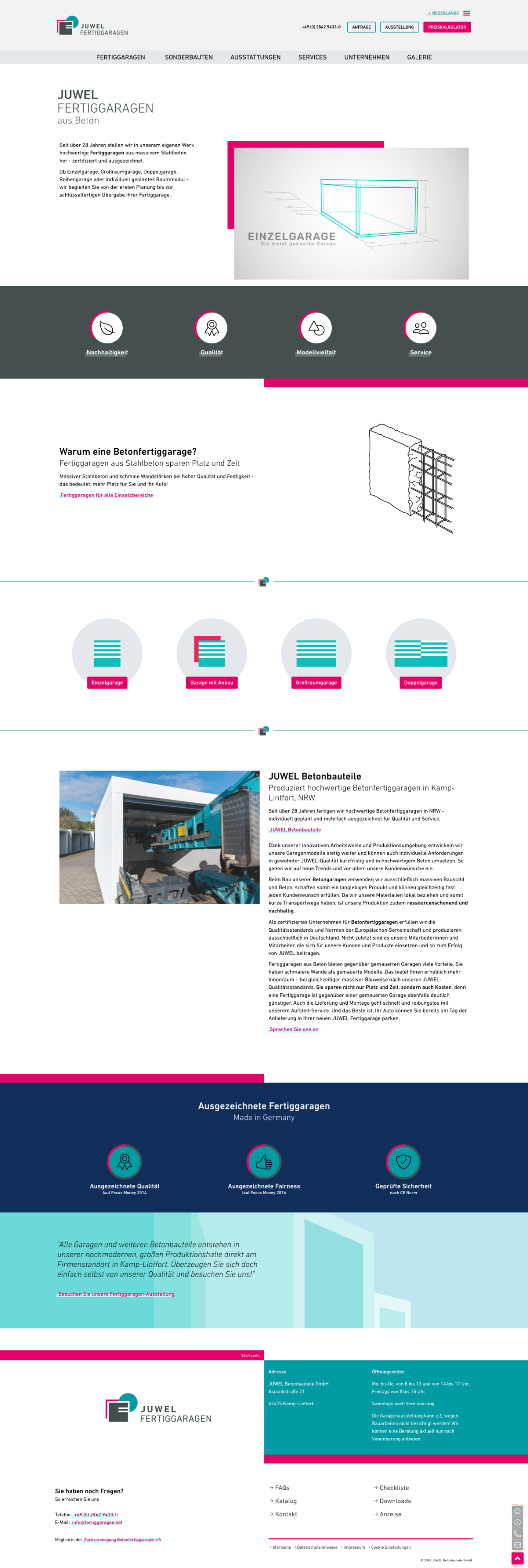 Screenshot der Juwel Fertiggaragen Webseite mit Betonfertiggaragen aus Stahlbeton, nützlich für Online-Marketing und SEO-Optimierung.