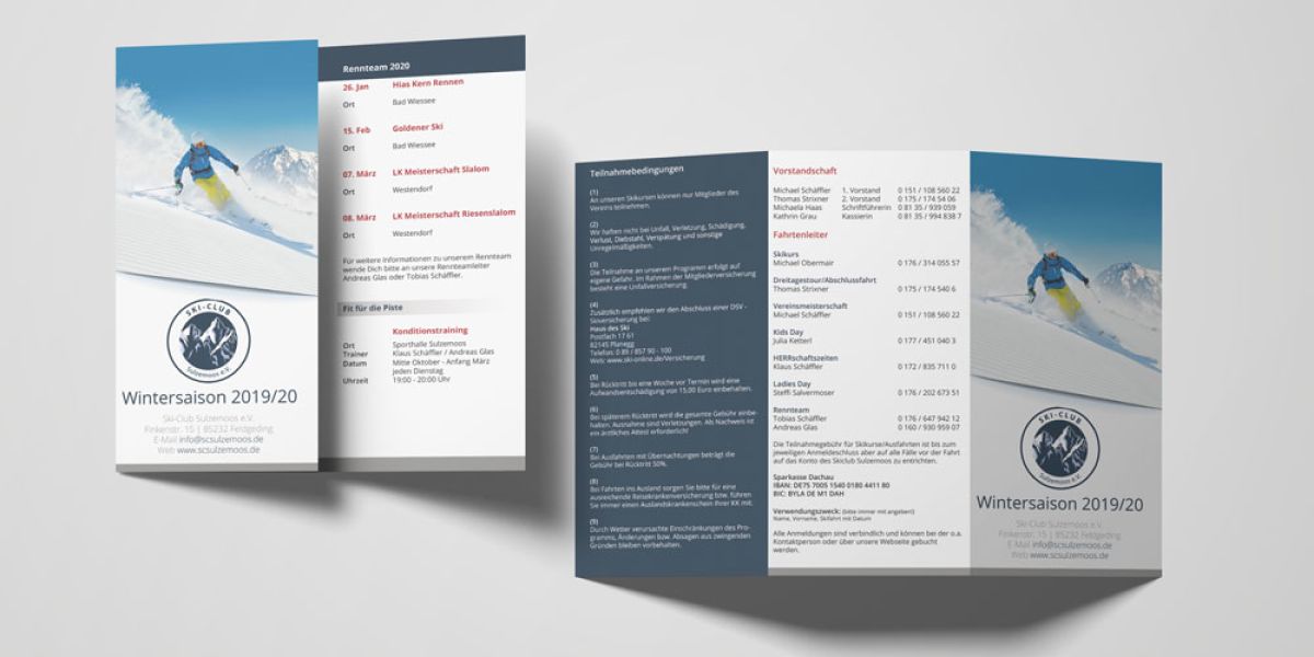 Neuer Flyer für Veranstaltungen und Kurse des Skiclub Sulzemoos e.V., erstellt von unserer Werbeagentur. Neuer Flyer für Veranstaltungen und Kurse des Skiclub Sulzemoos e.V., erstellt von unserer Werbeagentur.