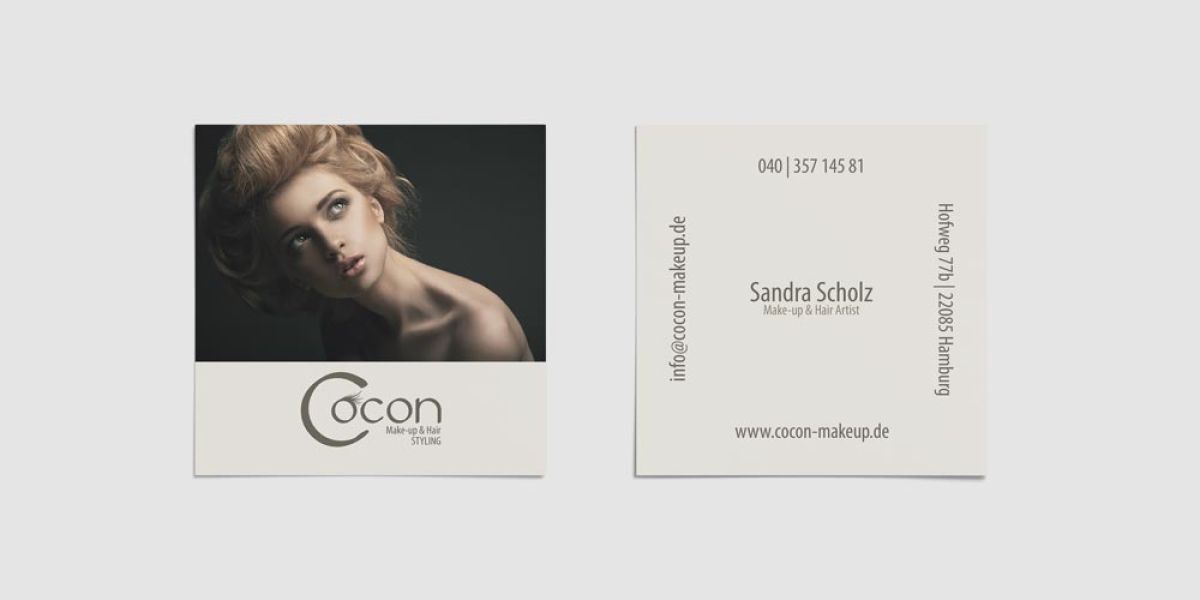 Visitenkarte von Cocon Make-up & Hair Styling, Sandra Scholz, zeigt professionelles Marketingdesign.