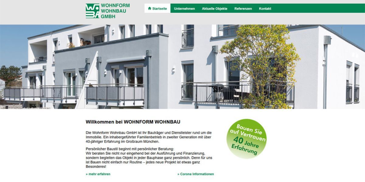 Webseiten-Redesign für Wohnform Wohnbau in Germering, von Marketingagentur neu gestaltet Webseiten-Redesign für Wohnform Wohnbau in Germering, von Marketingagentur neu gestaltet