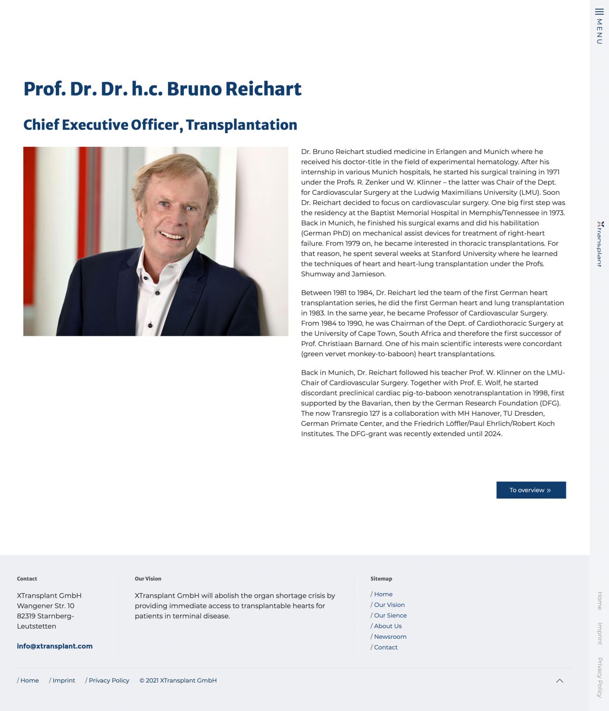 Webseite von XTransplant GmbH, erstellt von unserer Marketingagentur im Rahmen des Webseiten-Relaunches, mit einem Porträt von Prof. Dr. Dr. h.c. Bruno Reichart und einer Beschreibung seiner Rolle und Qualifikationen.