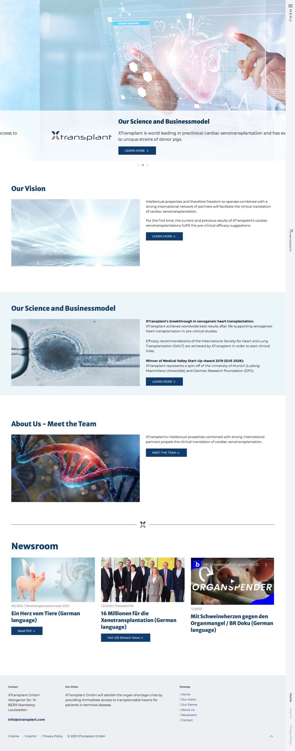 Übersicht der XTransplant Webseite, entwickelt von unserer Marketingagentur für die Neugestaltung der Webseite, zeigt die wissenschaftliche Basis und das Geschäftsmodell der Firma, die führend in der präklinischen Herz-Xenotransplantation ist.
